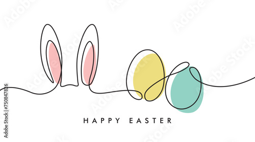 Easter card with easter bunny`s ears and eggs in line art style, one line vector illustration isolated on white background,template for greeting cards,banner,wallpaper,social media post