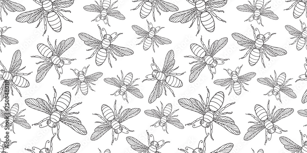 Flies cartoon decorative outlines seamless vector pattern, black and white background, paper, wallpaper,textile