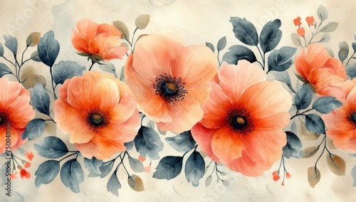 Watercolor poppy flowers background photo