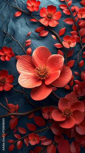 Vibrant Red Flowers on Textured Blue Background - High-Quality, Detailed Floral Art Perfect for Wall Decor, Digital Designs, and Creative Projects