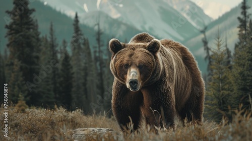Majestic grizzly bear stands tall, forepaw with sharp claws extended, carefully observing its surroundings. Captures the power and natural beauty of North American wildlife in its habitat © pvl0707