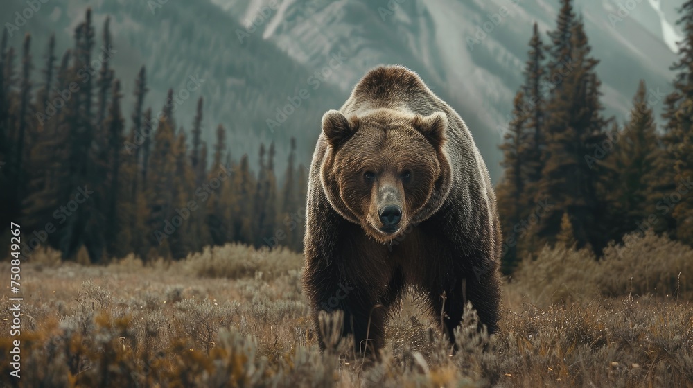 Majestic grizzly bear stands tall, forepaw with sharp claws extended, carefully observing its surroundings. Captures the power and natural beauty of North American wildlife in its habitat - obrazy, fototapety, plakaty 