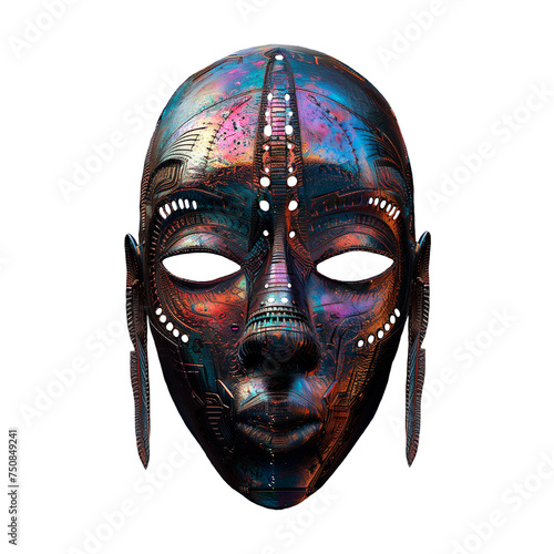 African  totem voodoo mask. Fluid, holographic, metallic, gradient colors on transparent background
