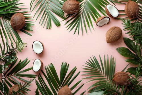 Fresh coconuts displayed with vibrant palm leaves on a solid pink background.