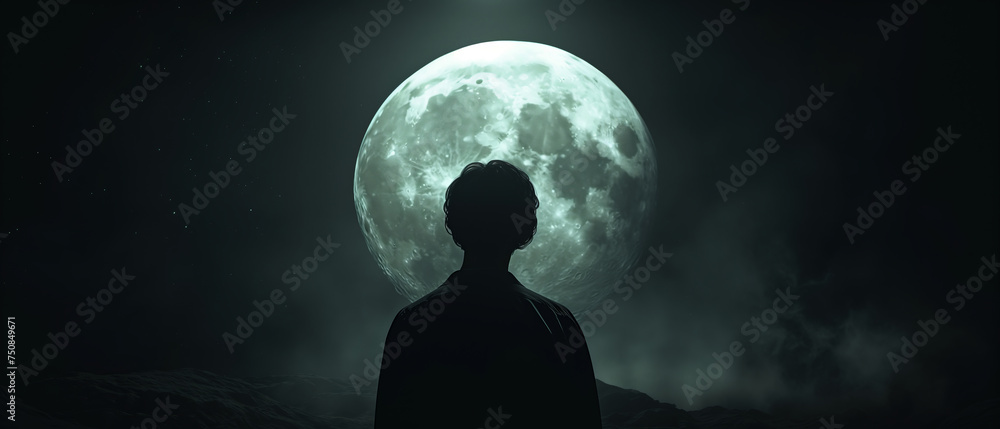 a shadowy figure in the foreground with a massive moon looming behind, sci-fi movie concept