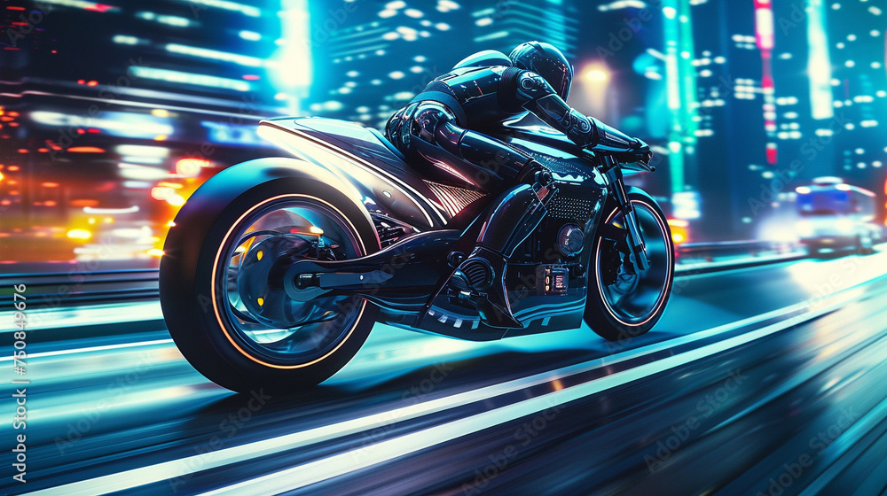 3D vector of an electric motorcycle sleek design speeding through a futuristic cityscape