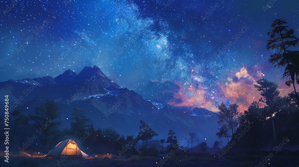 Adventurous souls enjoying a serene camping night under a star filled sky surrounded by untamed nature - obrazy, fototapety, plakaty 