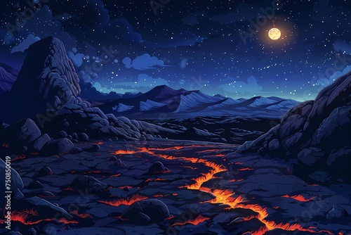 Night alien planet space landscape with rocks and lava