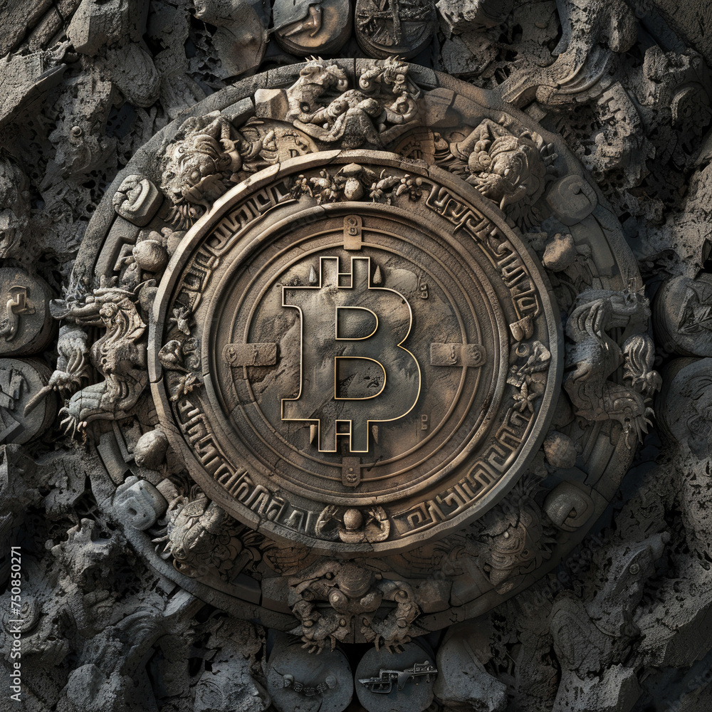 Stylized ancient coin merging Bitcoin and traditional motifs surrounded by stone sculptures