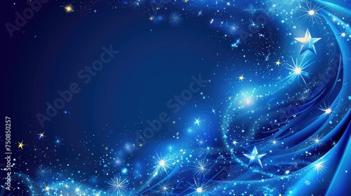 Blue background frame adorned with stylish stars and sparkles, providing an artistic and festive backdrop. Ideal for invitations, celebrations, and creative layouts with ample copy space
