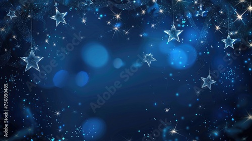 Blue background frame adorned with stylish stars and sparkles, providing an artistic and festive backdrop. Ideal for invitations, celebrations, and creative layouts with ample copy space