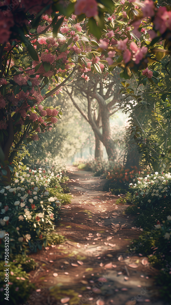 A forest path lined with blooming flowers and fresh green leaves, sunlight filtering through the trees