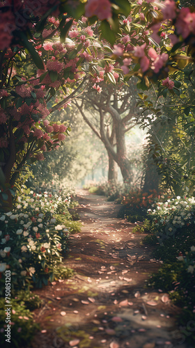 A forest path lined with blooming flowers and fresh green leaves  sunlight filtering through the trees
