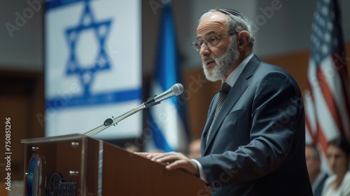 A portrait of a Jewish American community leader, speaking at a cultural event, with a backdrop of the American and Israeli flags, engaging the audience with a message of unity and heritage photo