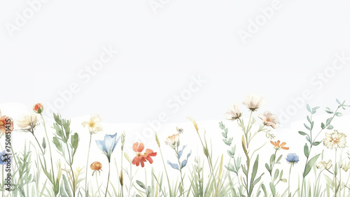 vintage hand-drawn style watercolor illustration of Horizontal Banner With wildflowers,serene pastoral scenes, on white background, with copy space