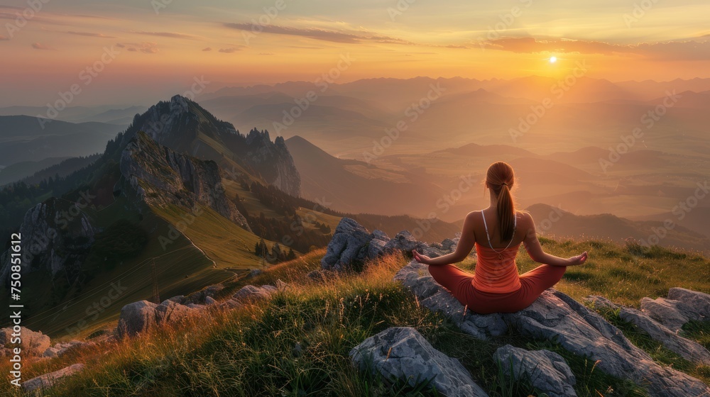 Woman practicing yoga in mountains at warm sunset light, back view