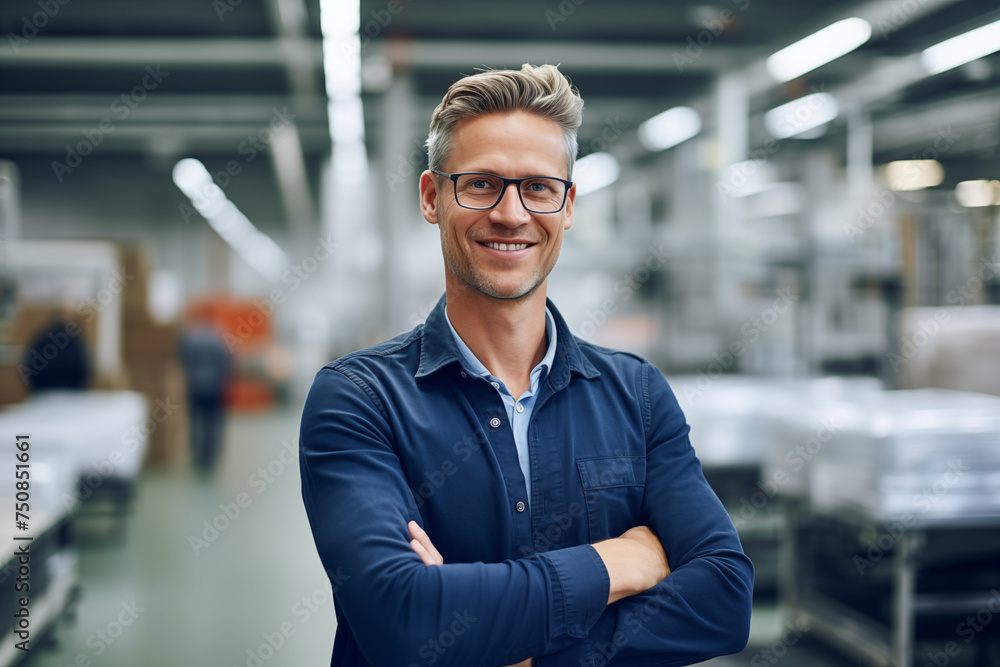  Smiling european man at work in a factory. Worker recruitment. Job offer. Work in industry. Jobs in a factory. Factory in Europe.