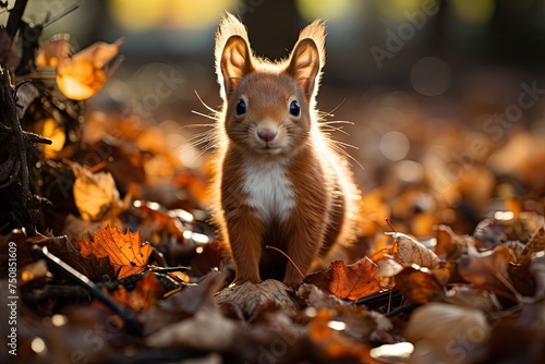 Squirrel exploring leaf -covered lawn., generative IA