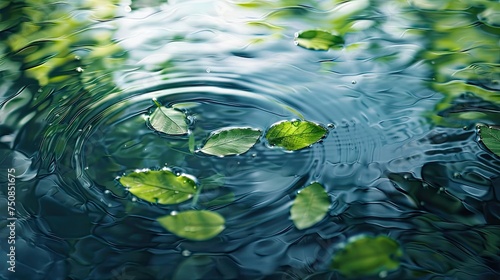 Captivating green leaves floating on a serene water surface, creating a beautiful ripple background.