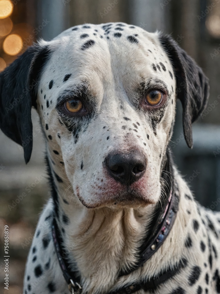Portrait of a Dalmatian dog, close-up of the beautiful pet on a neutral blurred background