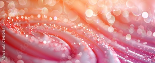 Whimsical waves of pink and coral tones with glistening water droplets and a dreamy bokeh effect.