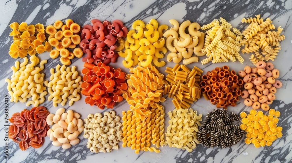 Top view of a beautiful variety of macaroni arranged on a stylish marble background, creating a gourmet composition.