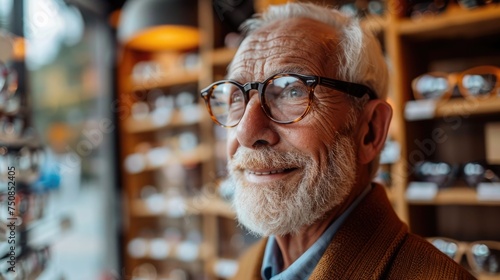 A senior citizen trying on prescription glasses for the first time, looking out a window with a smile, in a warm, inviting eyewear shop with a variety of frames on display