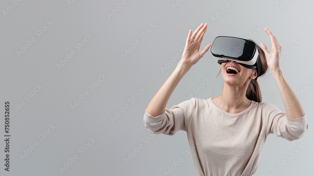 A woman in a casual outfit reaches out while immersed in a virtual reality simulation, enhancing the user's experience through technology A woman in a casual outfit reaches out while immersed in a virtual reality simulation, enhancing the user's experience through technology