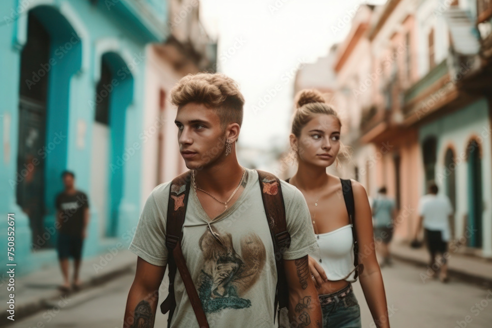 Fototapeta premium Urban Exploration: Young Couple Walking Through City Alley