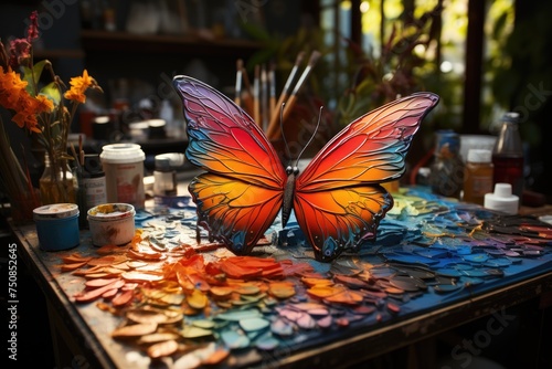 Artisans create colorful ornaments with a butterfly as inspiration., generative IA