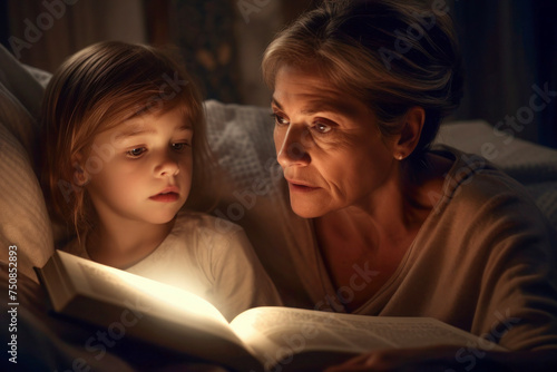Mother and daughter enjoying bedtime story together © Agustin