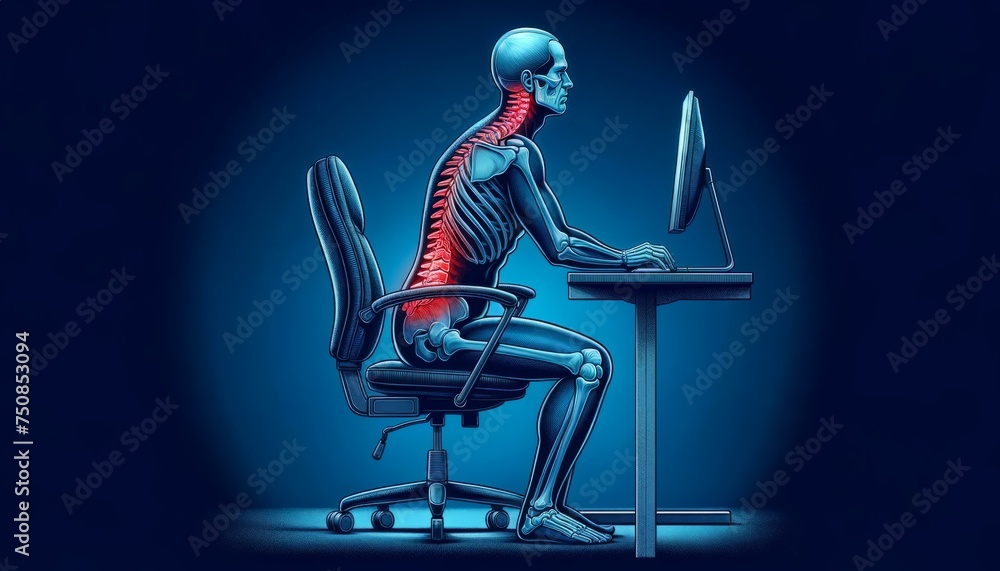 Wrong sitting posture. Workplace ergonomics Health Benefits. Office space setup. - obrazy, fototapety, plakaty 
