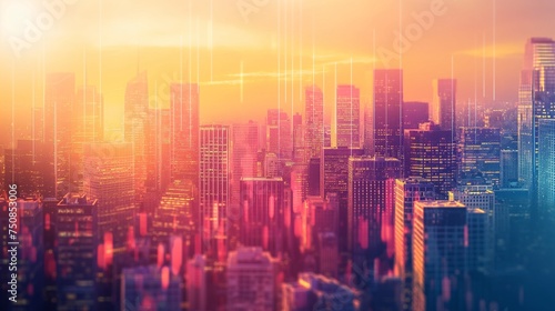 A digital representation of a futuristic city skyline in warm hues, providing a sleek and colorful backdrop for mockups.