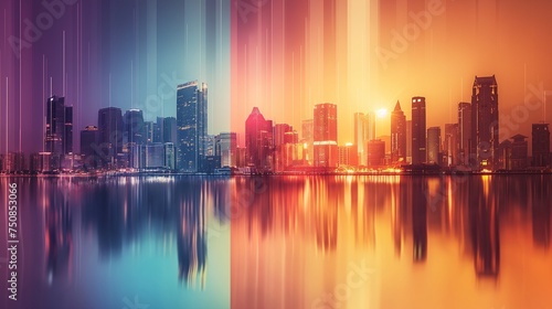 A digital representation of a futuristic city skyline in warm hues, providing a sleek and colorful backdrop for mockups. © AD Graphics