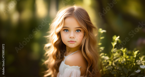 Cute little girl. Portrait of adorable child, Summer for children. Child enjoys spring. Funny face. Portrait of a smiling little child girl. Little girl in a flowering meadow, enjoying the summer. © Volodymyr