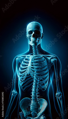 Half body male skeletal system, an X-ray effect on a dark blue background,