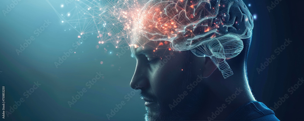 portrait of a man and stylistic image of neural connections in the brain, concept of the development of cognitive abilities portrait of a man and stylistic image of neural connections in the brain, concept of the development of cognitive abilities