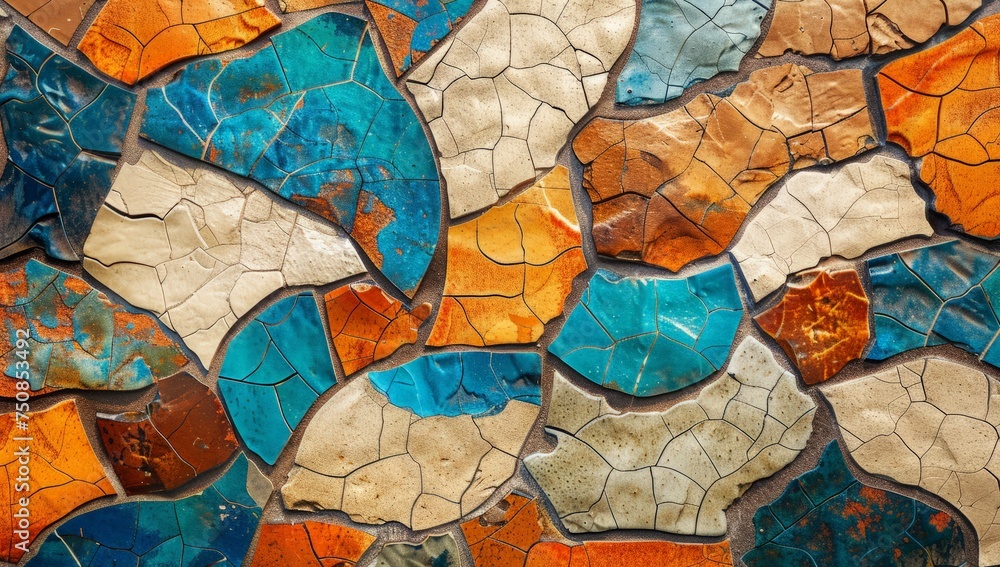 A detailed view of a wall constructed from vibrant and varied tiles in an array of colors, creating a visually striking pattern. A detailed view of a wall constructed from vibrant and varied tiles in an array of colors, creating a visually striking pattern.