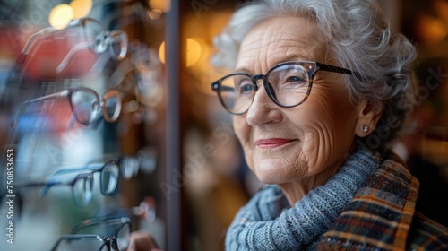 A senior citizen trying on prescription glasses for the first time, looking out a window with a smile, in a warm, inviting eyewear shop with a variety of frames on display