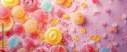Assorted sugar-coated candies and lollipops on a gradient pink backdrop, capturing the sweet essence of confectionery delights.