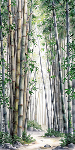 Vertical Shot Bamboo Rainforest in Fog photo