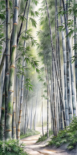 Vertorama Watercolor Bamboo Rainforest in Fog photo