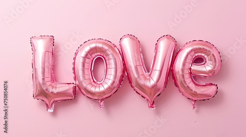 Pale pink foil balloons spell out the word 'Love' on a pastel background, creating a romantic atmosphere for Valentine's Day or a wedding celebration.