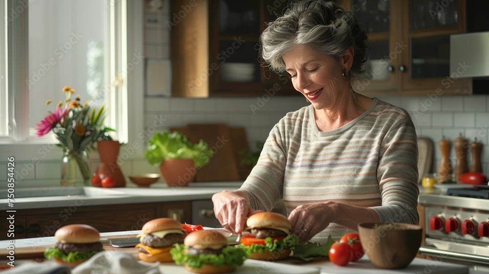 Burger-making mom smiles in sunny kitchen, showing love on Mother's Day. On Mother's Day, a mom's love shines bright making burgers in a sunny kitchen. Burger-making mom smiles in sunny kitchen, showing love on Mother's Day. On Mother's Day, a mom's love shines bright making burgers in a sunny kitchen.