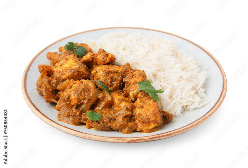 Delicious chicken curry with rice isolated on white Delicious chicken curry with rice isolated on white