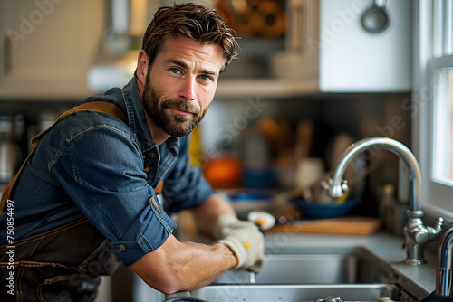 Casual bearded plumber in denim taking a break from kitchen work  leaning on the sink and looking at the camera. Handsome man at work. Repair of the house.