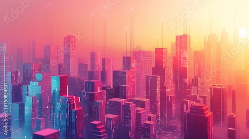 A digital representation of a futuristic city skyline in warm hues  providing a sleek and colorful backdrop for mockups.