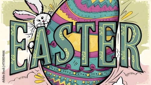 Easter-themed graphic illustration featuring a fluffy rabbit in a bowtie holding a colorful Easter egg