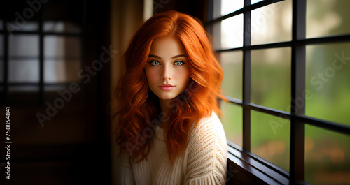 Beautiful ginger girl, closeup face. Beautiful brunette woman, portrait closeup. Face of young woman with blue eyes and wavy redhead hair. Beauty face. Model girl with curly hairstyle. Woman face.