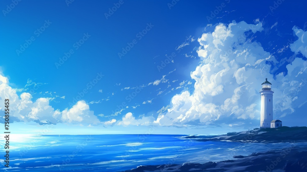 A distant lighthouse standing tall against the backdrop of a radiant blue sky, overlooking the vast ocean expanse.